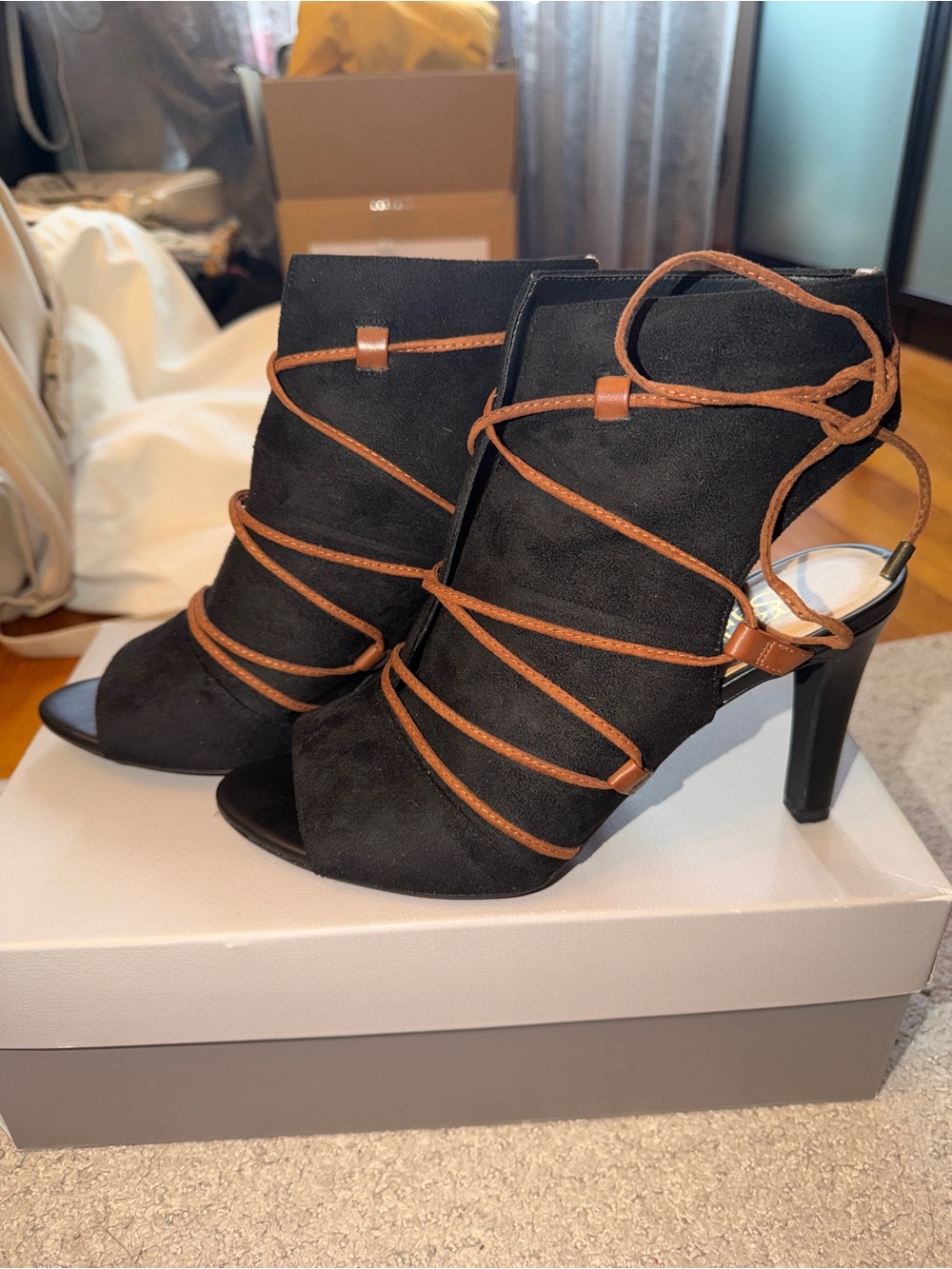 Franco Sarto Black Suede Open-Toe Lace-Up Heel Booties with Brown Straps